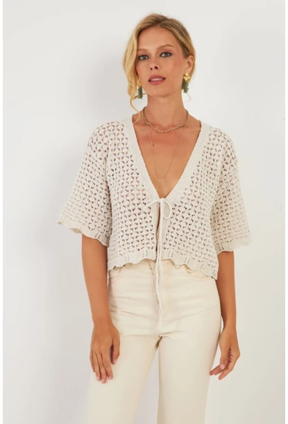 Kadın Ekru Triko Ajurlu Hırka YV255