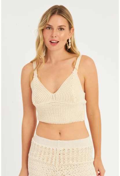 Kadın Ekru Triko Crop Bluz KZ2507