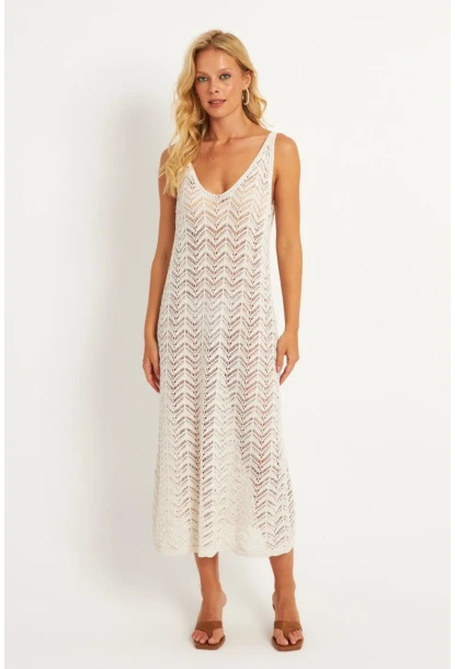 Kadın Ekru Triko Midi Plaj Elbisesi HC1482