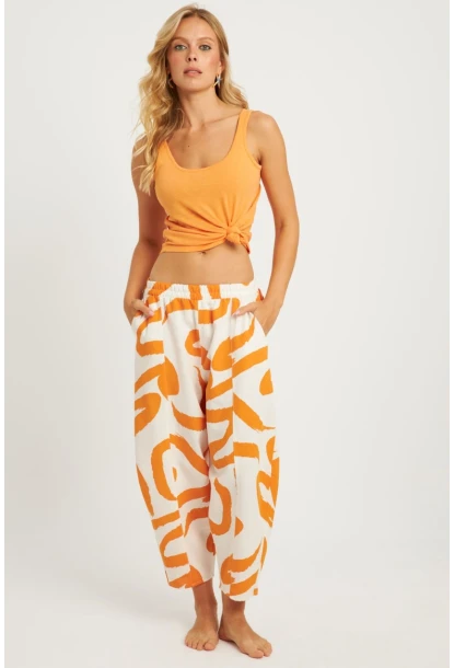 Kadın Ekru-Turuncu Desenli Keten Şalvar Pantolon K1253