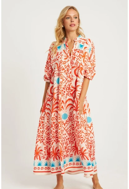 Kadın Ekru-Turuncu Desenli Midi Elbise GÇ169