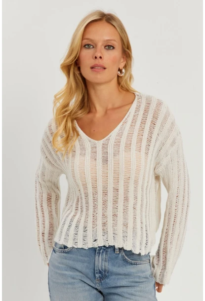 Kadın Ekru V Yaka Ajurlu Triko Bluz YV233