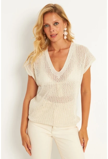 Kadın Ekru V Yaka Fileli Bluz SMT230