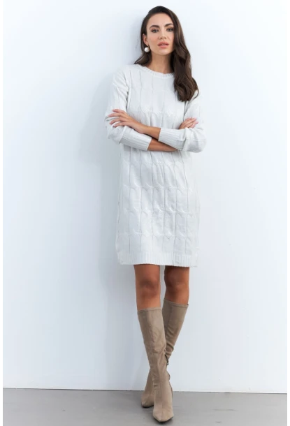 Kadın Ekru Varaklı Triko Midi Elbise NAR446