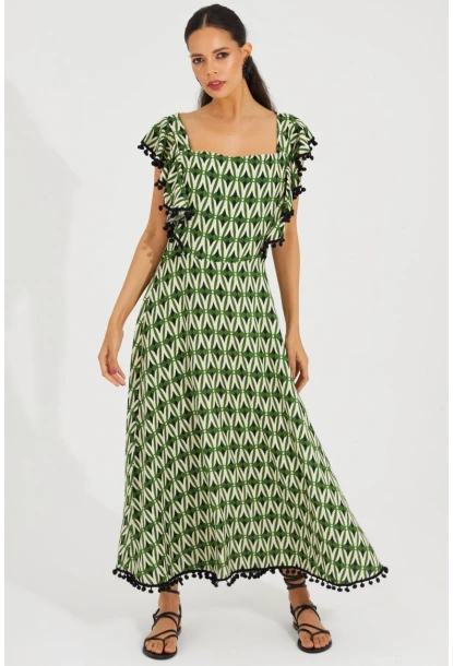 Kadın Ekru-Yeşil Sırtı Gipeli Kare Yaka Elbise BK1650