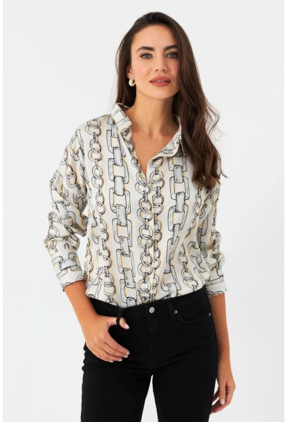 Kadın Ekru Zincir Desenli Saten Gömlek SHR9