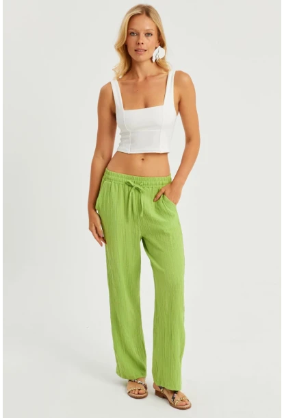 Kadın Fıstık Yeşil Beli Lastikli Bürümcük Pantolon ZER405