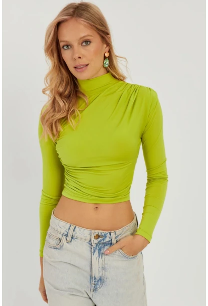 Kadın Fıstık Yeşil Büzgülü Kısa Bluz MEN2023-90