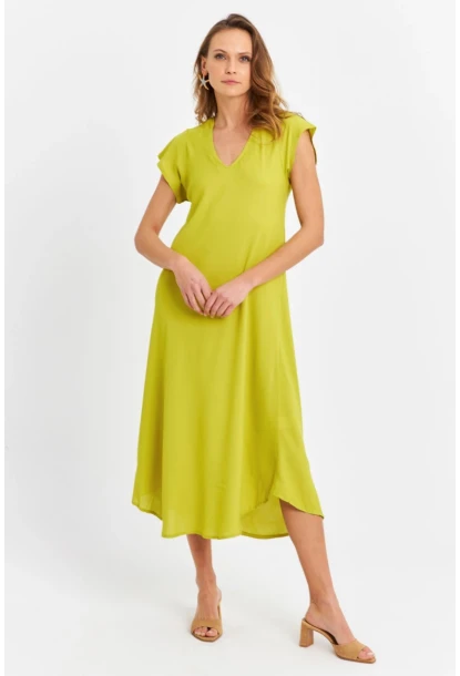 Kadın Fıstık Yeşil V Yaka Midi Elbise PC22649