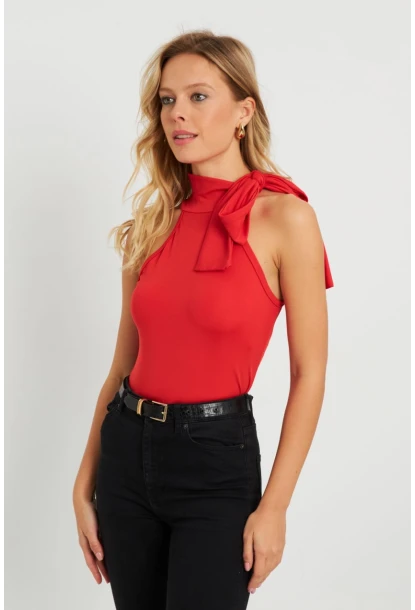 Kadın Fiyonklu Crop Bluz Kırmızı EY2726