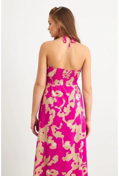 Kadın Fuşya Büzgülü Desenli Midi Elbise KAB304