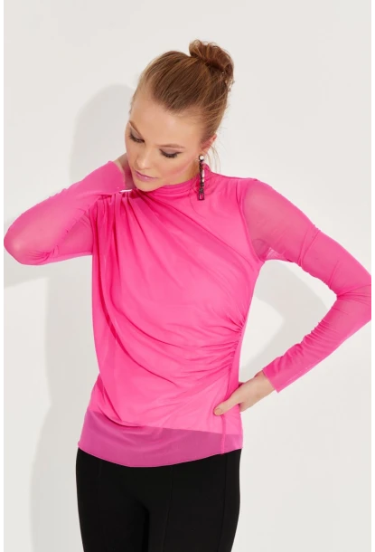 Kadın Fuşya Büzgülü Drapeli Tül Bluz LPP1244