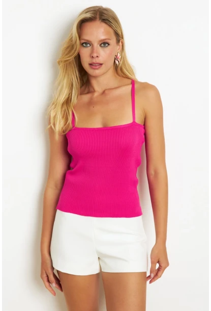 Kadın Fuşya Çapraz Askılı Triko Bluz KAZ07