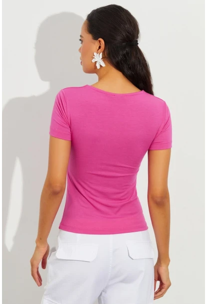 Kadın Fuşya Kare Yaka Bluz LPP1220