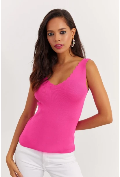 Kadın Fuşya Merdiven Yaka Triko Bluz YV83