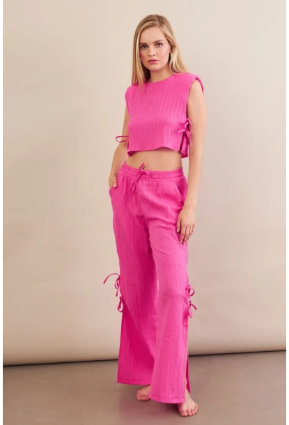 Kadın Fuşya Omuzları Vatkalı Bağlama Detaylı Alt Üst Takım KED002