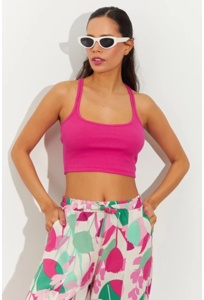 Kadın Fuşya Sırtı Halkalı Kaşkorse Crop Bluz B2552