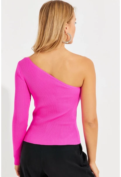 Kadın Fuşya Tek Omuz Triko Bluz YV204