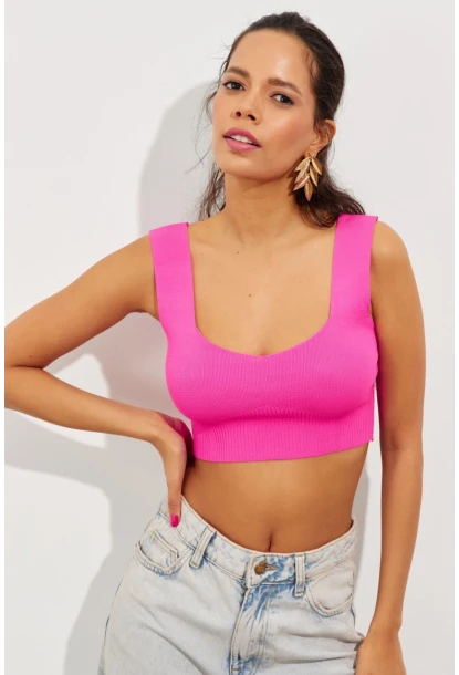 Kadın Fuşya Triko Crop Atlet YV118
