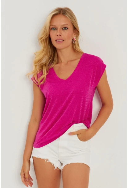 Kadın Fuşya V Yaka Simli Bluz RX436