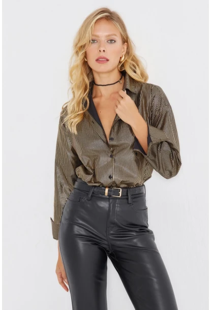 Kadın Gold Rengi Çizgili Parlak Gömlek SF2531