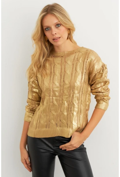 Kadın Gold Rengi Saç Örgülü Vatkalı Triko Bluz RM618