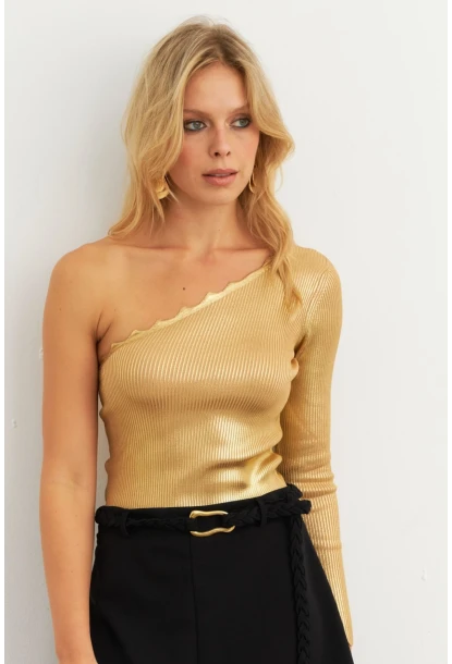 Kadın Gold Rengi Tek Omuz Merdiven Yaka Triko Bluz RM631