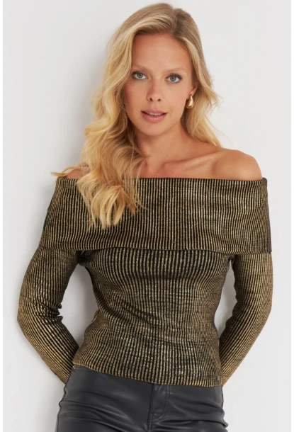 Kadın Gold Rengi Varaklı Madonna Triko Bluz SF2523