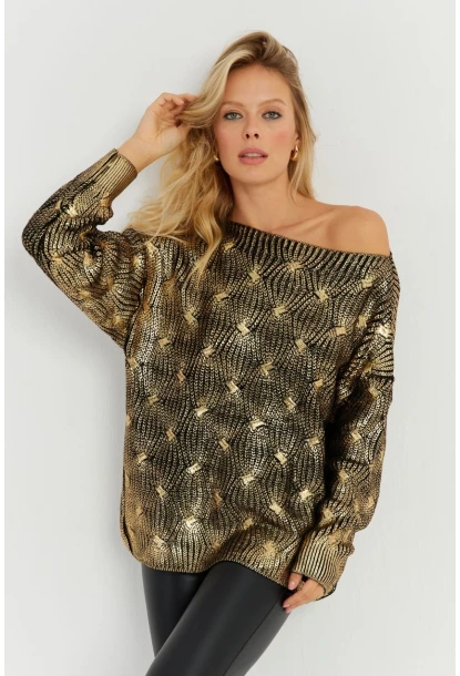Kadın Gold Rengi Varaklı Triko Kazak SF2533