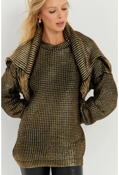 Kadın Gold Rengi Varaklı Triko Kazak SF2534