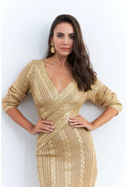 Kadın Gold Varaklı Saç Örgülü Midi Elbise RM05