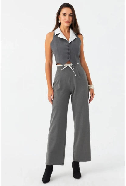 Kadın Gri Beli Bağlamalı Palazzo Pantolon ELA3972