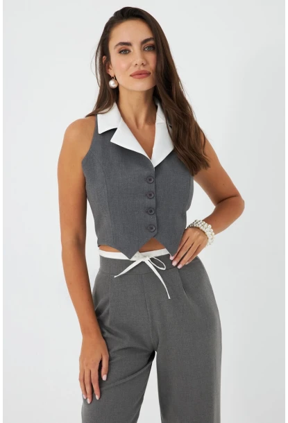Kadın Gri-Beyaz Yaka Detaylı Astarlı Yelek ELA6823