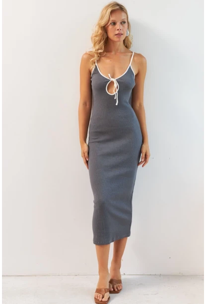 Kadın Gri Biyeli Kaşkorse Midi Elbise XL2024