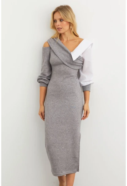 Kadın Gri Blok Kumaşlı Asimetrik Yaka Maxi Elbise KED4469