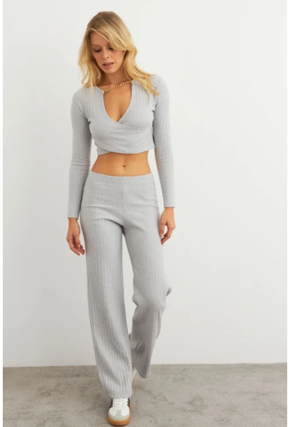 Kadın Gri Crop Üstlü İkili Pantolon Takım XL10052