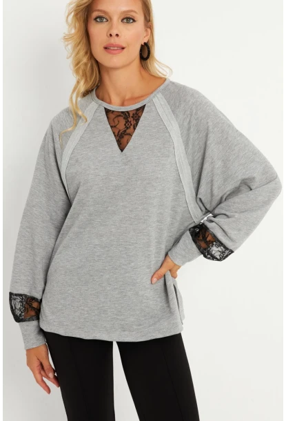 Kadın Gri Dantel Detaylı Sweatshirt EY2906