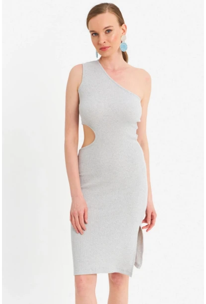 Kadın Gri Dekolteli Kaşkorse Midi Elbise OR2460