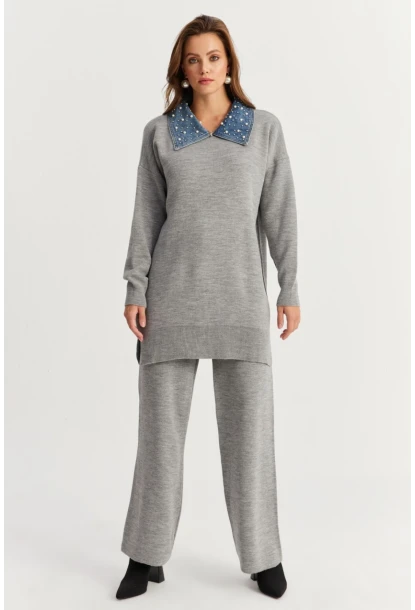 Kadın Gri Denim Yakalı İncili Alt Üst Triko Takım NUV22