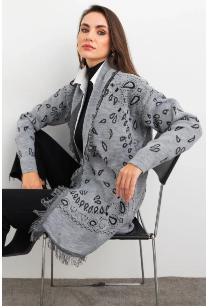 Kadın Gri Desenli Triko Hırka MVI14209