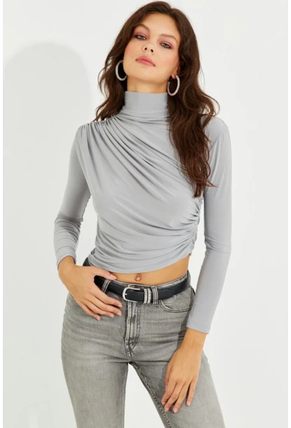 Kadın Gri Drapeli Bluz LPP1226