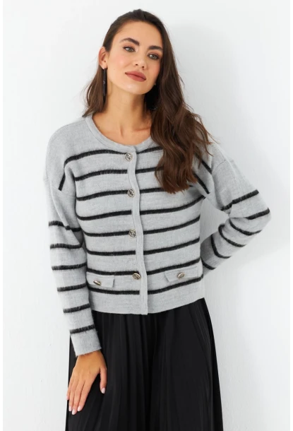 Kadın Gri Düğme Detaylı Hırka MCNG800