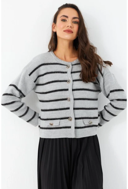 Kadın Gri Düğme Detaylı Hırka MCNG800