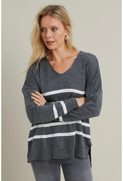 Kadın Gri-Ekru V Yaka Çizgili Triko Kazak MYİL550