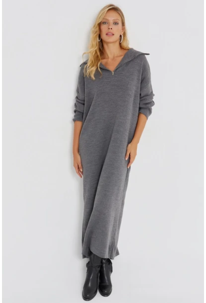 Kadın Gri Fermuarlı Triko Maxi Elbise SF2525