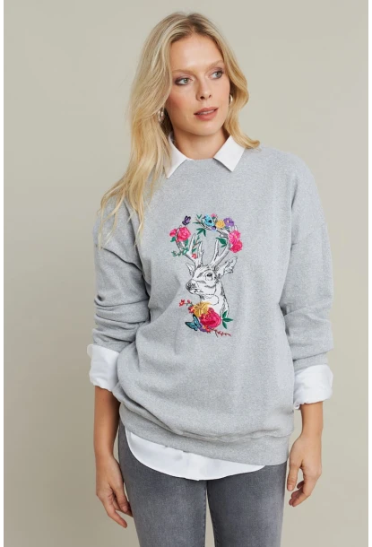 Kadın Gri-Fuşya Nakışlı Sweatshirt YLE20