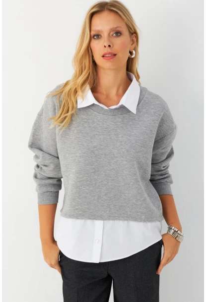 Kadın Gri Gömlek Detaylı Sweatshirt MAYD21