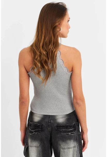 Kadın Gri Halter Yaka Dantelli Bluz MK04