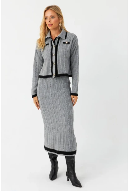 Kadın Gri İkili Alt Üst Triko Takım NUV34