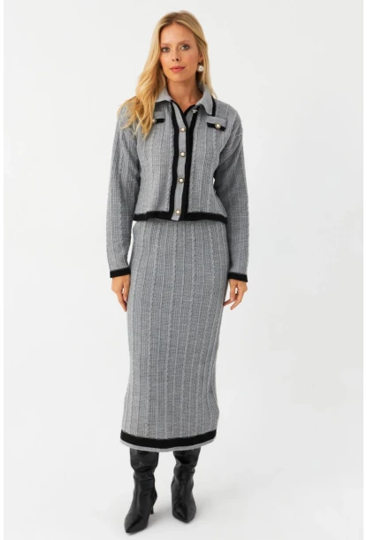 Kadın Gri İkili Alt Üst Triko Takım NUV34